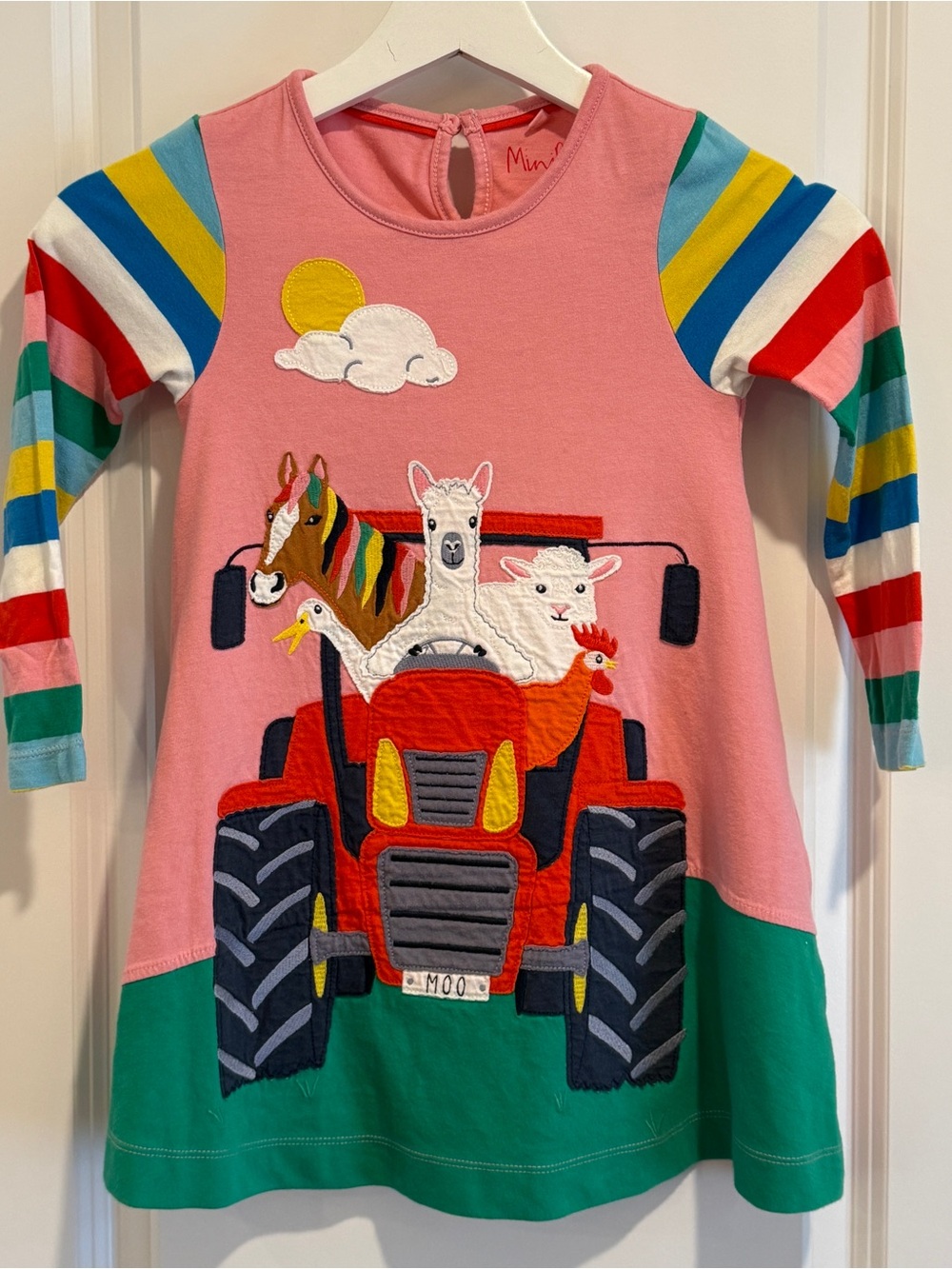 4-5Y Mini Boden Pink Dress with Rainbow-Striped Sleeves & Red Tractor Appliqué
